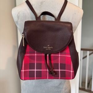 Kate Spade New York Plaid Pebbled Leather Mini Backpack Burgundy Pink Gold Tone